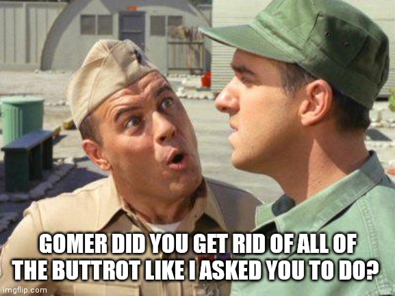 gomer pyle and sarge |  GOMER DID YOU GET RID OF ALL OF THE BUTTROT LIKE I ASKED YOU TO DO? | image tagged in gomer pyle and sarge | made w/ Imgflip meme maker