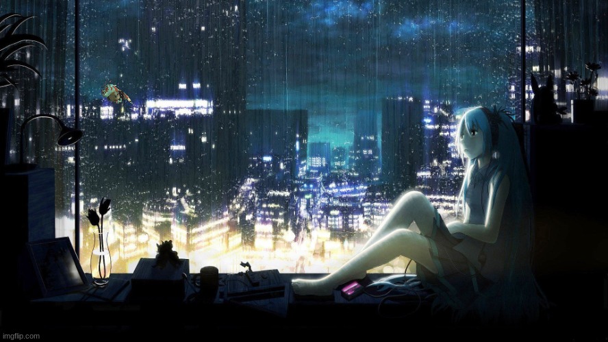Can you find lump in this image | image tagged in miku in skyscraper window city at night | made w/ Imgflip meme maker