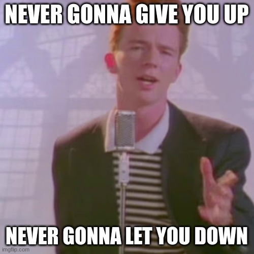 Rick Ashley | NEVER GONNA GIVE YOU UP NEVER GONNA LET YOU DOWN | image tagged in rick ashley | made w/ Imgflip meme maker