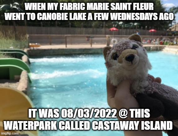 Marie's 08/03/22 meme about Canobie! A couple of Wednesdays ago | WHEN MY FABRIC MARIE SAINT FLEUR WENT TO CANOBIE LAKE A FEW WEDNESDAYS AGO; IT WAS 08/03/2022 @ THIS WATERPARK CALLED CASTAWAY ISLAND | image tagged in august,summertime | made w/ Imgflip meme maker