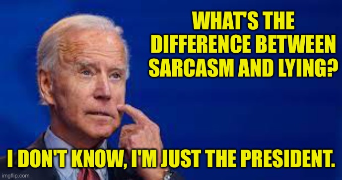Joe Biden |  WHAT'S THE DIFFERENCE BETWEEN SARCASM AND LYING? I DON'T KNOW, I'M JUST THE PRESIDENT. | image tagged in confused joe biden,difference,sarcasm and lying,president,politics | made w/ Imgflip meme maker