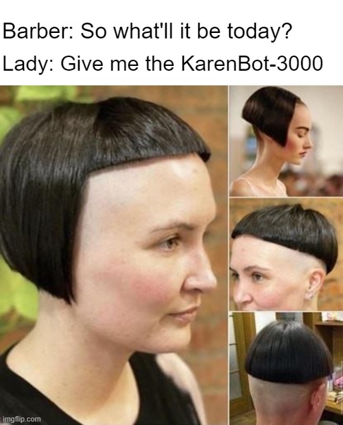 I'm sick of being hot | Barber: So what'll it be today? Lady: Give me the KarenBot-3000 | made w/ Imgflip meme maker