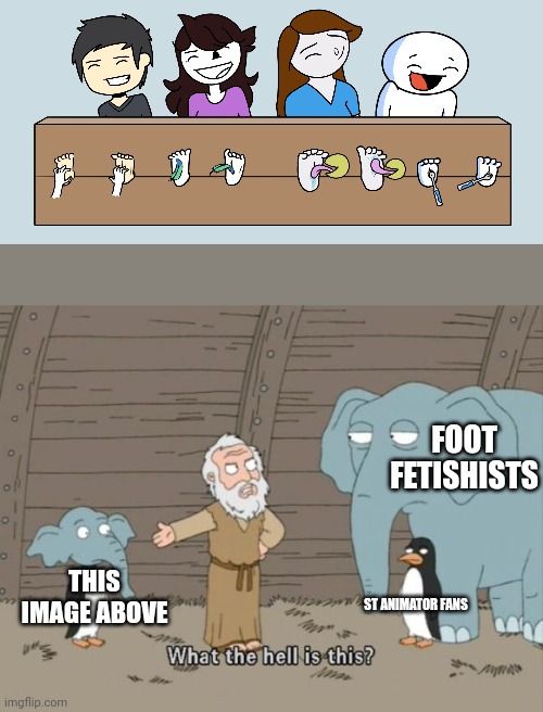 What the hell is this? | FOOT FETISHISTS; THIS IMAGE ABOVE; ST ANIMATOR FANS | image tagged in what the hell is this,tickle,feet,jaiden animations,deviantart,theodd1sout | made w/ Imgflip meme maker