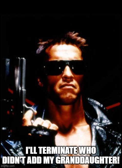 terminator arnold schwarzenegger | I'LL TERMINATE WHO DIDN'T ADD MY GRANDDAUGHTER! | image tagged in terminator arnold schwarzenegger | made w/ Imgflip meme maker