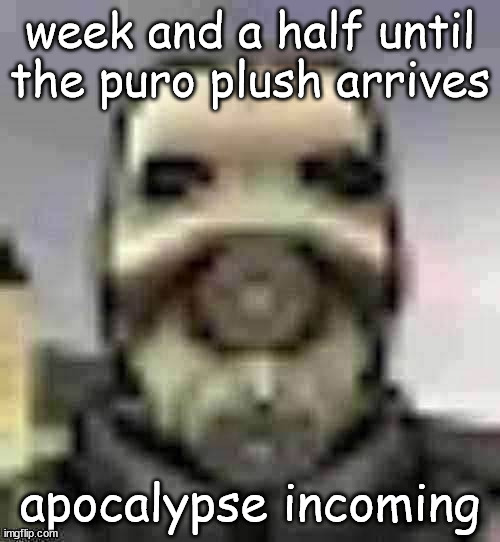 peak content | week and a half until the puro plush arrives; apocalypse incoming | image tagged in peak content | made w/ Imgflip meme maker