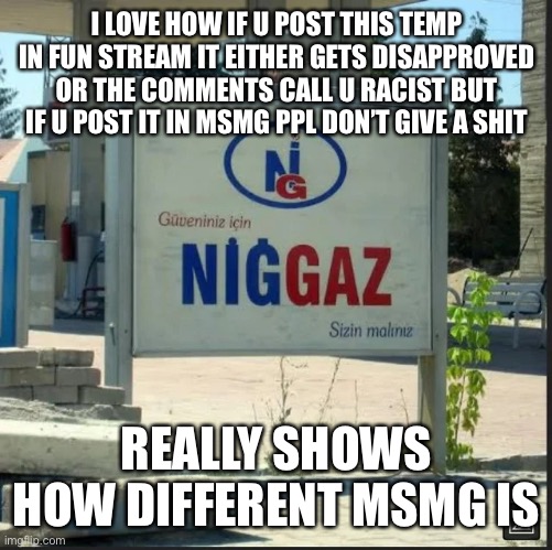 NİGGAZ | I LOVE HOW IF U POST THIS TEMP IN FUN STREAM IT EITHER GETS DISAPPROVED OR THE COMMENTS CALL U RACIST BUT IF U POST IT IN MSMG PPL DON’T GIVE A SHIT; REALLY SHOWS HOW DIFFERENT MSMG IS | image tagged in n ggaz | made w/ Imgflip meme maker