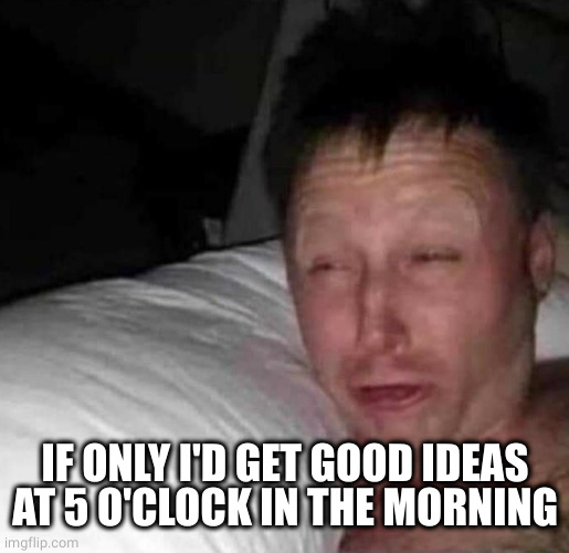 Sleepy guy | IF ONLY I'D GET GOOD IDEAS AT 5 O'CLOCK IN THE MORNING | image tagged in sleepy guy | made w/ Imgflip meme maker