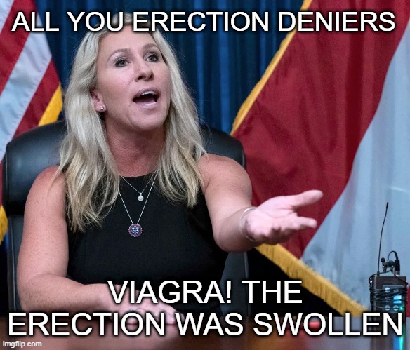 Marjorie Taylor Greene is this the holocaust | ALL YOU ERECTION DENIERS; VIAGRA! THE ERECTION WAS SWOLLEN | image tagged in marjorie taylor greene is this the holocaust | made w/ Imgflip meme maker