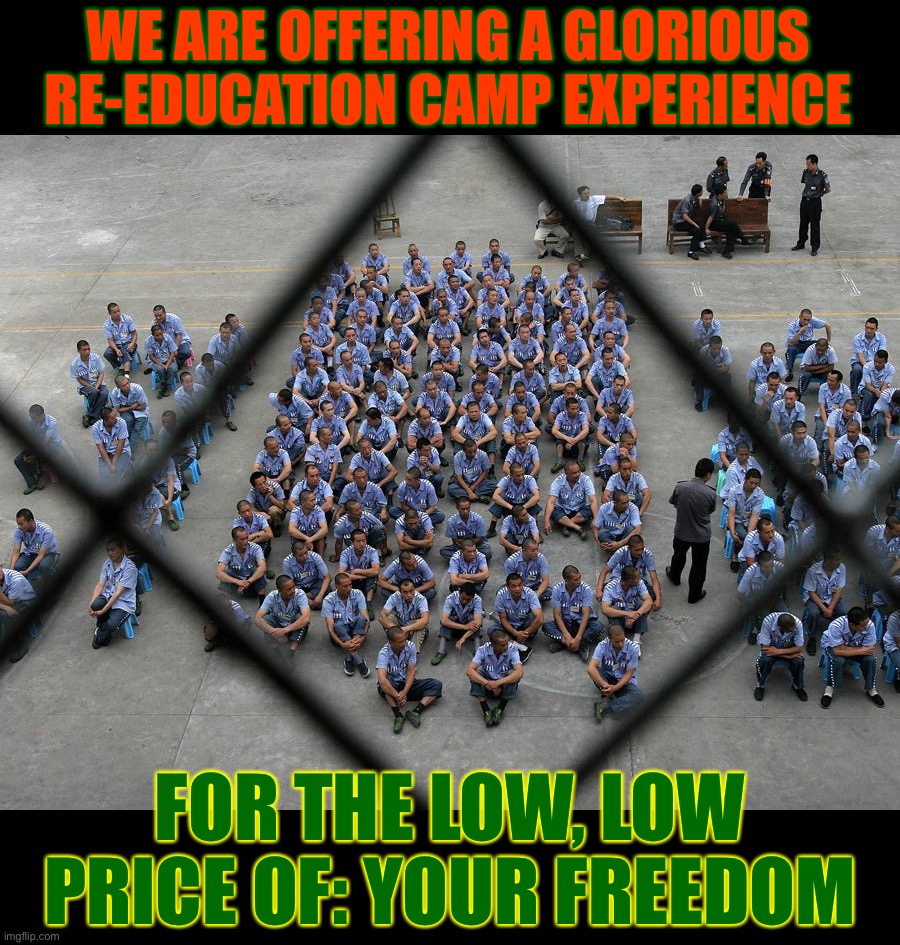 Act now to receive a special discount: guaranteed graduation & job placement after only 15 years | WE ARE OFFERING A GLORIOUS RE-EDUCATION CAMP EXPERIENCE; FOR THE LOW, LOW PRICE OF: YOUR FREEDOM | image tagged in chinese re-educatuon camp | made w/ Imgflip meme maker