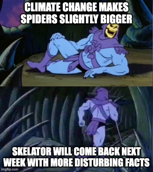 HELP ME | CLIMATE CHANGE MAKES SPIDERS SLIGHTLY BIGGER; SKELATOR WILL COME BACK NEXT WEEK WITH MORE DISTURBING FACTS | image tagged in skelator facts | made w/ Imgflip meme maker