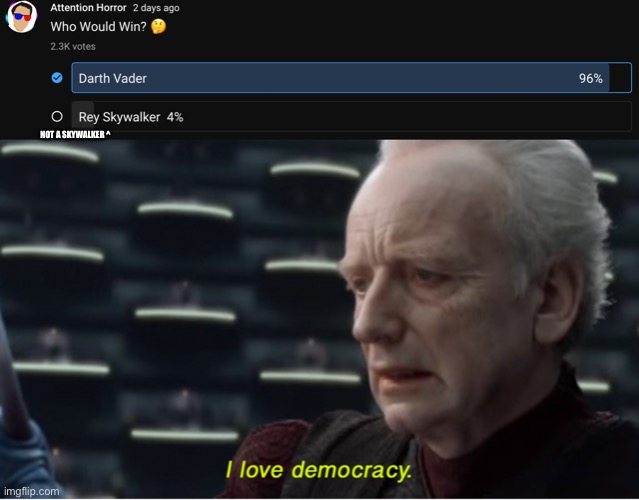 NOT A SKYWALKER ^ | image tagged in i love democracy | made w/ Imgflip meme maker