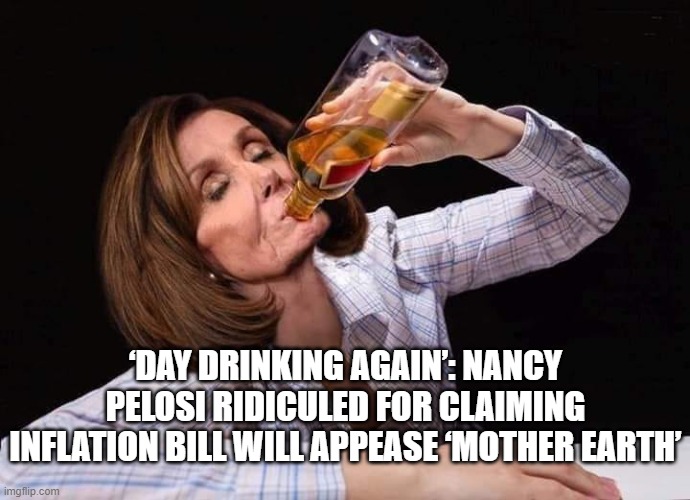 Day Drinking MUST be the reason. | ‘DAY DRINKING AGAIN’: NANCY PELOSI RIDICULED FOR CLAIMING INFLATION BILL WILL APPEASE ‘MOTHER EARTH’ | image tagged in nancy pelosi drunk | made w/ Imgflip meme maker