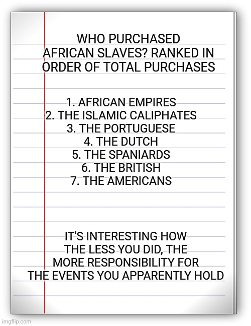 It's a good way to change history. | 1. AFRICAN EMPIRES
2. THE ISLAMIC CALIPHATES
3. THE PORTUGUESE
4. THE DUTCH
5. THE SPANIARDS
6. THE BRITISH
7. THE AMERICANS; WHO PURCHASED AFRICAN SLAVES? RANKED IN ORDER OF TOTAL PURCHASES; IT'S INTERESTING HOW THE LESS YOU DID, THE MORE RESPONSIBILITY FOR THE EVENTS YOU APPARENTLY HOLD | image tagged in lined paper | made w/ Imgflip meme maker