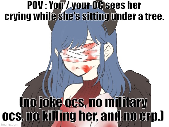 POV : You / your OC sees her crying while she's sitting under a tree. (no joke ocs, no military ocs, no killing her, and no erp.) | made w/ Imgflip meme maker