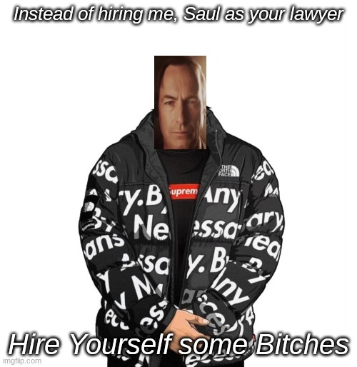20 upvotes and I'll post this in LGBTQ | Instead of hiring me, Saul as your lawyer; Hire Yourself some Bitches | image tagged in goku drip,memes,shitpost,msmg,better call saul,breaking bad | made w/ Imgflip meme maker