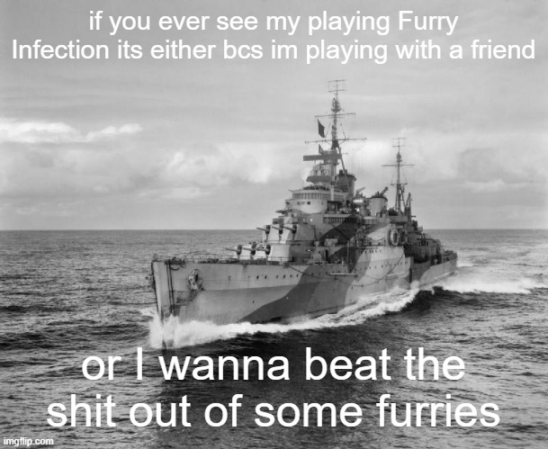 idk lol | if you ever see my playing Furry Infection its either bcs im playing with a friend; or I wanna beat the shit out of some furries | image tagged in hms belfast | made w/ Imgflip meme maker