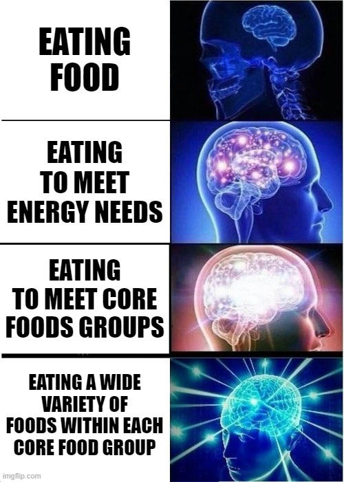Eating patterns for health |  EATING FOOD; EATING TO MEET ENERGY NEEDS; EATING TO MEET CORE FOODS GROUPS; EATING A WIDE VARIETY OF FOODS WITHIN EACH CORE FOOD GROUP | image tagged in memes,expanding brain,food,nutrition | made w/ Imgflip meme maker