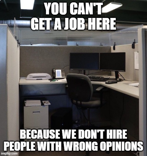 Used in comment | YOU CAN'T GET A JOB HERE; BECAUSE WE DON'T HIRE PEOPLE WITH WRONG OPINIONS | image tagged in office cubicle,memes,president_joe_biden | made w/ Imgflip meme maker