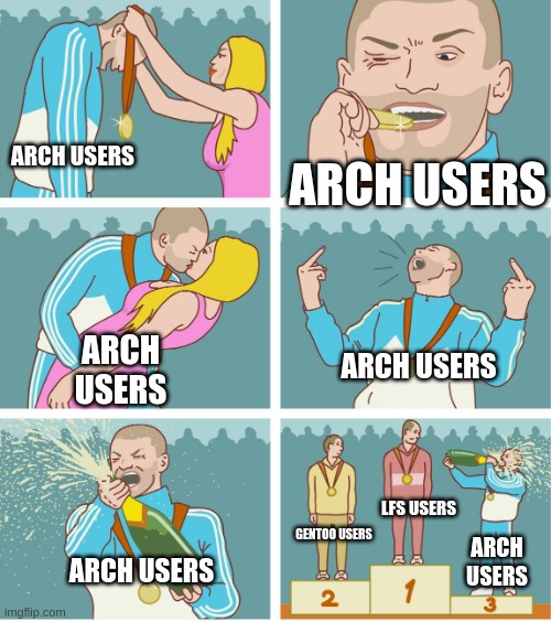 Why are Arch linux users so proud of this? |  ARCH USERS; ARCH USERS; ARCH USERS; ARCH USERS; LFS USERS; GENTOO USERS; ARCH USERS; ARCH USERS | image tagged in 3rd place celebration | made w/ Imgflip meme maker