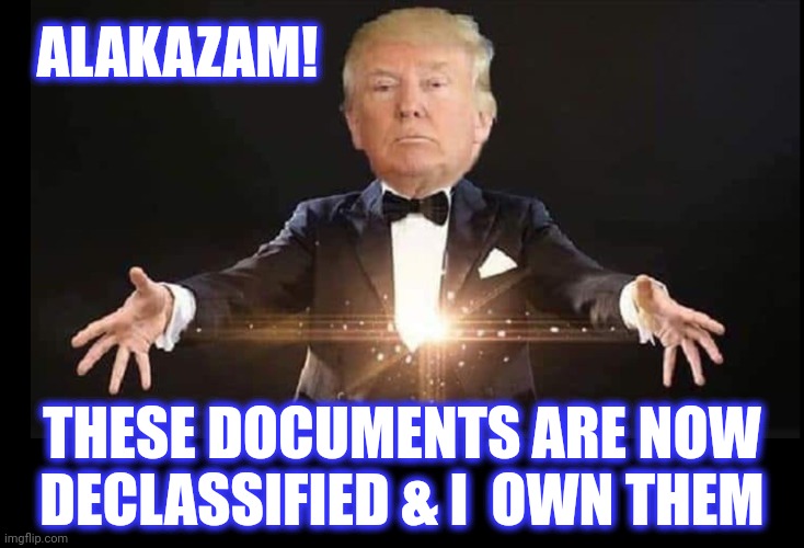 Trump magician | ALAKAZAM! THESE DOCUMENTS ARE NOW
DECLASSIFIED & I  OWN THEM | image tagged in trump magician | made w/ Imgflip meme maker