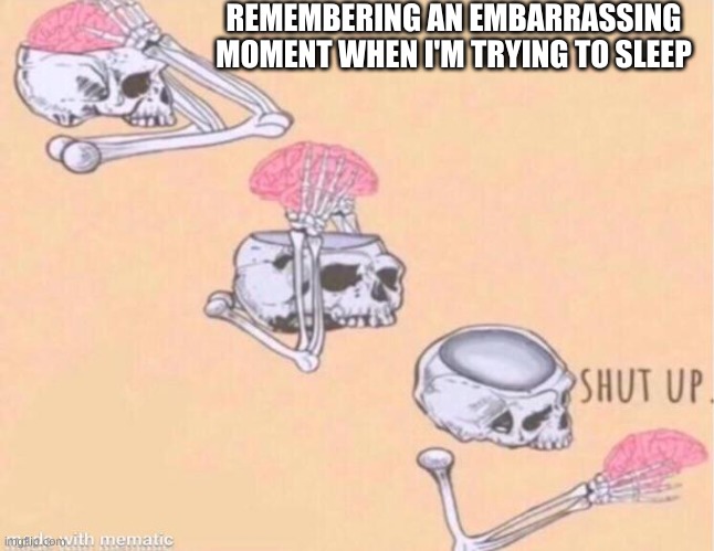 Shut up | REMEMBERING AN EMBARRASSING MOMENT WHEN I'M TRYING TO SLEEP | image tagged in skeleton shut up,sleep | made w/ Imgflip meme maker