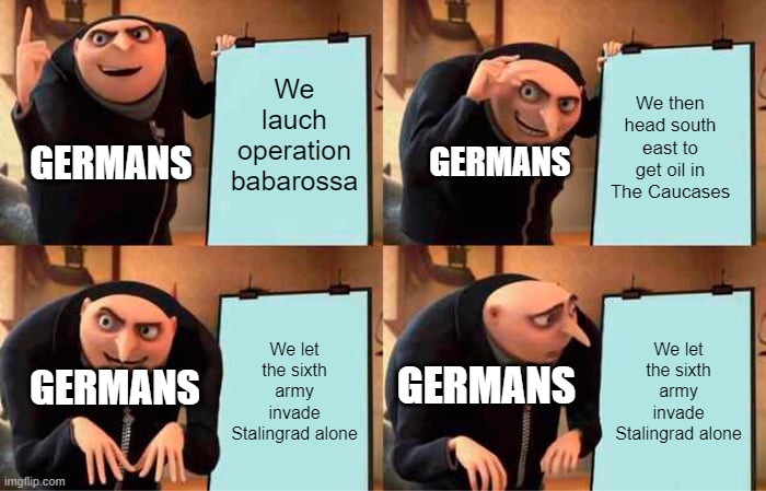 Germany's best plan | We lauch operation babarossa; We then head south east to get oil in The Caucases; GERMANS; GERMANS; We let the sixth army invade Stalingrad alone; We let the sixth army invade Stalingrad alone; GERMANS; GERMANS | image tagged in memes,gru's plan | made w/ Imgflip meme maker