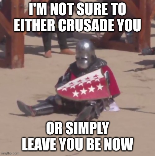 Sad crusader noises | I'M NOT SURE TO EITHER CRUSADE YOU OR SIMPLY LEAVE YOU BE NOW | image tagged in sad crusader noises | made w/ Imgflip meme maker