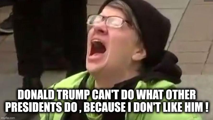 Screaming Liberal  | DONALD TRUMP CAN'T DO WHAT OTHER PRESIDENTS DO , BECAUSE I DON'T LIKE HIM ! | image tagged in screaming liberal | made w/ Imgflip meme maker