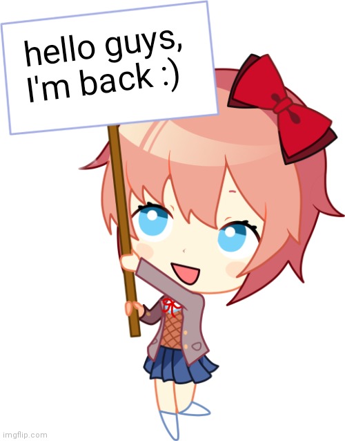 . | hello guys, I'm back :) | image tagged in sign sayori | made w/ Imgflip meme maker