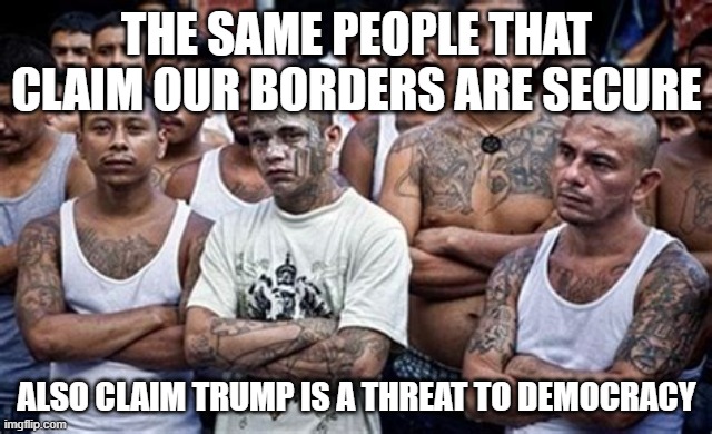 Consider the source | THE SAME PEOPLE THAT CLAIM OUR BORDERS ARE SECURE; ALSO CLAIM TRUMP IS A THREAT TO DEMOCRACY | image tagged in ms13 family pic,consider the source,illegals,democrats war on america,democrat crime wave,maga | made w/ Imgflip meme maker