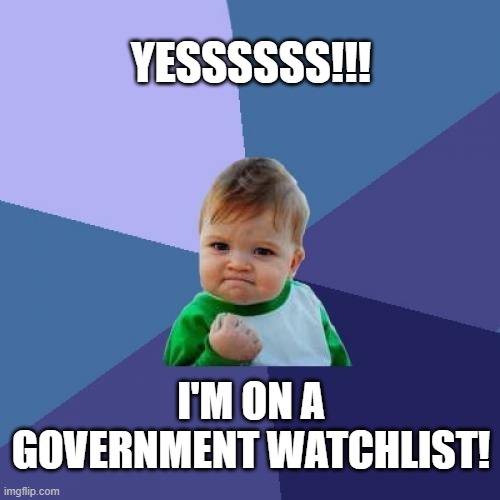 Success! |  YESSSSSS!!! I'M ON A GOVERNMENT WATCHLIST! | image tagged in memes,success kid | made w/ Imgflip meme maker