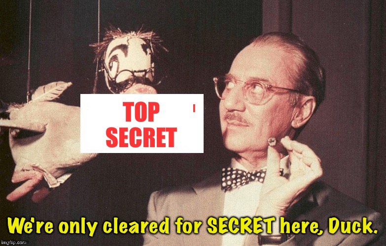 Say the secret word | TOP
SECRET; We're only cleared for SECRET here, Duck. | image tagged in groucho and duck | made w/ Imgflip meme maker
