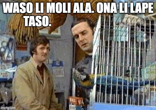 Monty Python dead parrot | WASO LI MOLI ALA. ONA LI LAPE TASO. | image tagged in monty python dead parrot | made w/ Imgflip meme maker