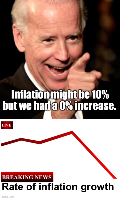 “It didn’t get higher last month” |  Inflation might be 10% but we had a 0% increase. Rate of inflation growth | image tagged in memes,smilin biden,politics lol | made w/ Imgflip meme maker