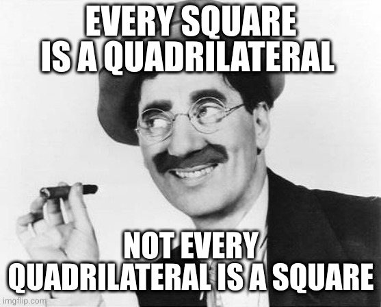 Groucho Marx | EVERY SQUARE IS A QUADRILATERAL NOT EVERY QUADRILATERAL IS A SQUARE | image tagged in groucho marx | made w/ Imgflip meme maker