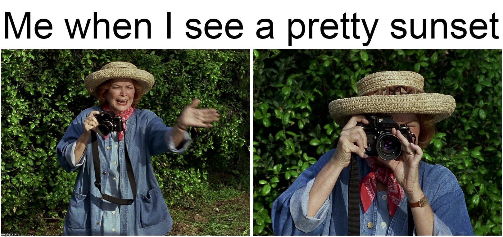Almost an Obsession at This Point |  Me when I see a pretty sunset | image tagged in memes,blank comic panel 2x1,humor,meme,relatable | made w/ Imgflip meme maker