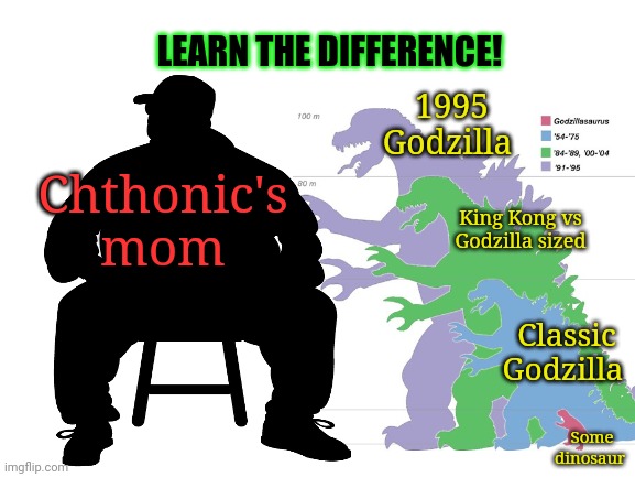 Mudslinging begins? | LEARN THE DIFFERENCE! 1995 Godzilla; Chthonic's mom; King Kong vs Godzilla sized; Classic Godzilla; Some dinosaur | image tagged in chthonic,will be pissed,now | made w/ Imgflip meme maker