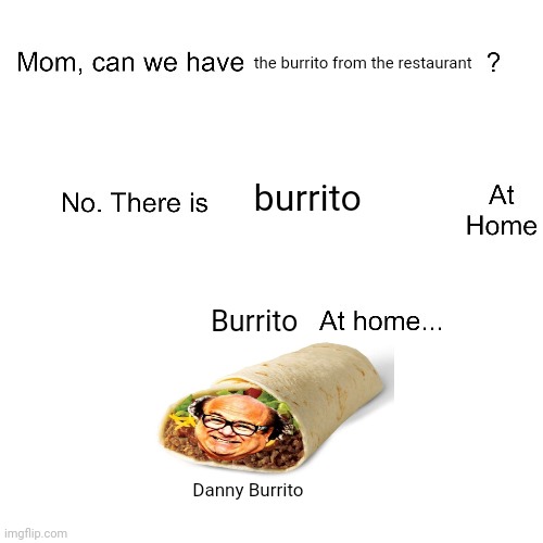 Danny Burrito | the burrito from the restaurant; burrito; Burrito; Danny Burrito | image tagged in mom can we have,danny devito,danny burrito,burrito,memes,burritos | made w/ Imgflip meme maker