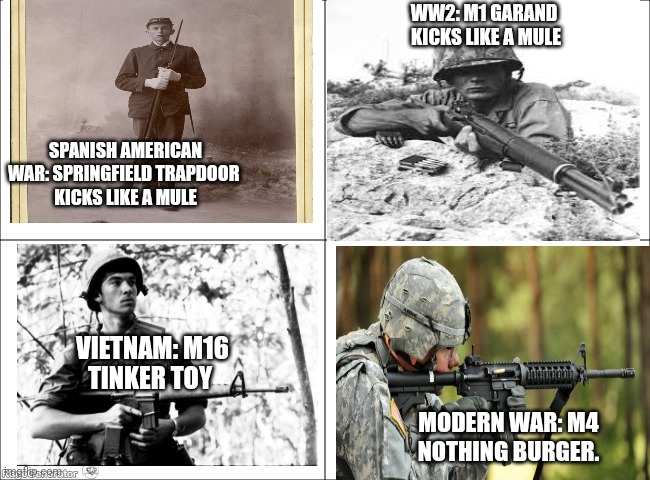 Recoil comparison | WW2: M1 GARAND 
KICKS LIKE A MULE; SPANISH AMERICAN WAR: SPRINGFIELD TRAPDOOR 
KICKS LIKE A MULE; VIETNAM: M16
TINKER TOY; MODERN WAR: M4
NOTHING BURGER. | image tagged in basic four panel meme,rifles,recoil | made w/ Imgflip meme maker