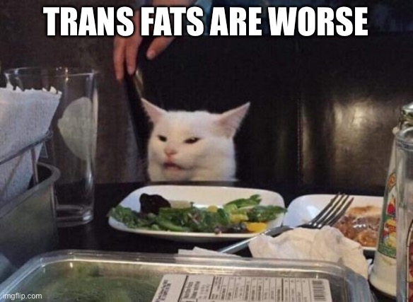 Salad cat | TRANS FATS ARE WORSE | image tagged in salad cat | made w/ Imgflip meme maker