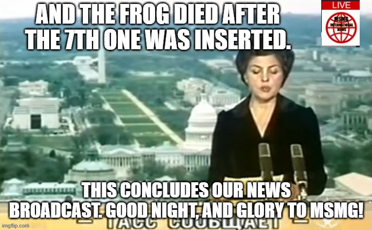 Dictator MSMG News | AND THE FROG DIED AFTER THE 7TH ONE WAS INSERTED. THIS CONCLUDES OUR NEWS BROADCAST. GOOD NIGHT, AND GLORY TO MSMG! | image tagged in dictator msmg news | made w/ Imgflip meme maker