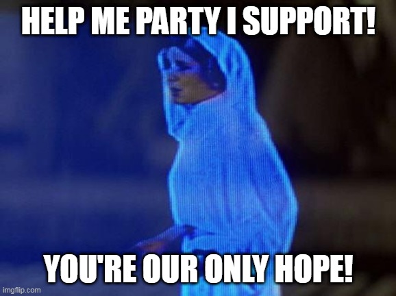 help me obi wan | HELP ME PARTY I SUPPORT! YOU'RE OUR ONLY HOPE! | image tagged in help me obi wan | made w/ Imgflip meme maker