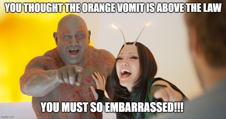 You must be so embarassed | YOU THOUGHT THE ORANGE VOMIT IS ABOVE THE LAW; YOU MUST SO EMBARRASSED!!! | image tagged in you must be so embarassed,mar-a-lago,donald trump | made w/ Imgflip meme maker
