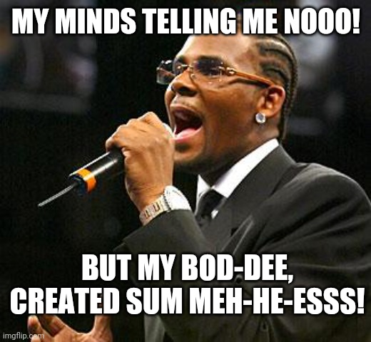 r Kelly | MY MINDS TELLING ME NOOO! BUT MY BOD-DEE, CREATED SUM MEH-HE-ESSS! | image tagged in r kelly | made w/ Imgflip meme maker