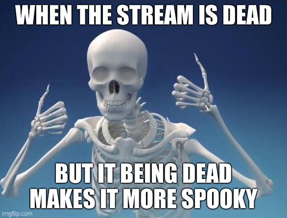 Spooky (mod note : HVSVQGVAHSGVASHGGM) | WHEN THE STREAM IS DEAD; BUT IT BEING DEAD MAKES IT MORE SPOOKY | image tagged in happy skeleton | made w/ Imgflip meme maker