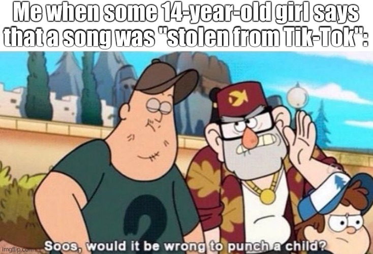 (creative title) | Me when some 14-year-old girl says that a song was "stolen from Tik-Tok": | image tagged in soos would it be wrong to punch a child,tiktok,gravity falls | made w/ Imgflip meme maker