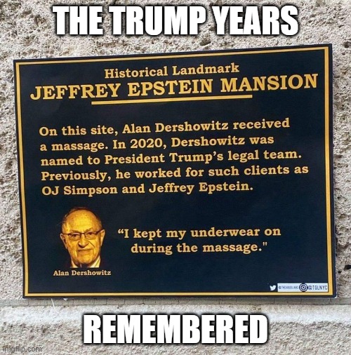 The Trump Years - Remembered | THE TRUMP YEARS; REMEMBERED | image tagged in alan dershowitz plaque trump epstein oj simpson,trump,epstein,republicans,pedophile,treason | made w/ Imgflip meme maker