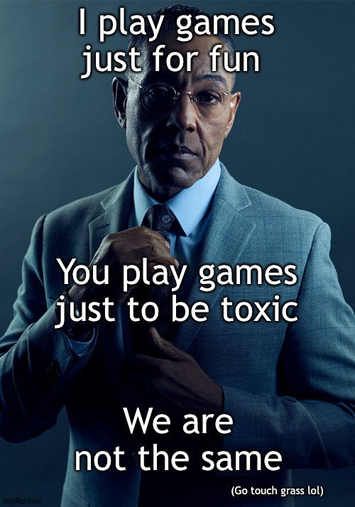 Because yes | I play games just for fun; You play games just to be toxic; We are not the same; (Go touch grass lol) | image tagged in go touch some grass bro | made w/ Imgflip meme maker