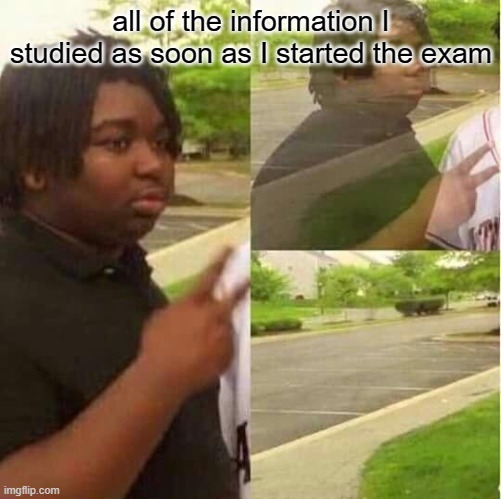 gone | all of the information I studied as soon as I started the exam | image tagged in black guy disappearing,disappearing | made w/ Imgflip meme maker