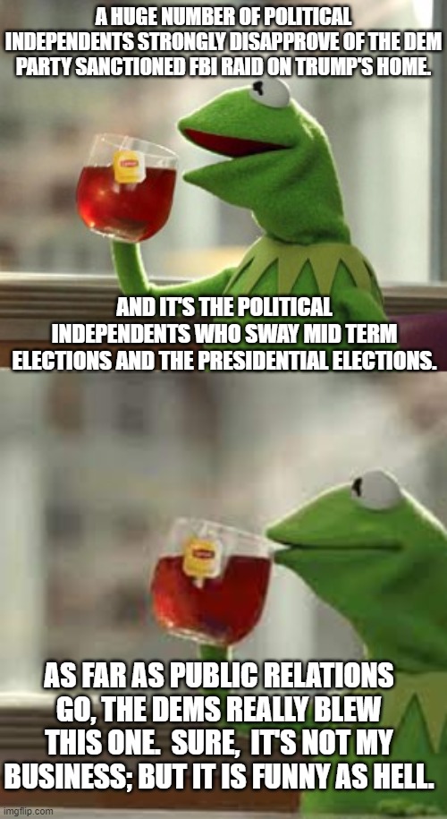 These Constitution molesting political stunts ALWAYS backfire on the Dem Party. | A HUGE NUMBER OF POLITICAL INDEPENDENTS STRONGLY DISAPPROVE OF THE DEM PARTY SANCTIONED FBI RAID ON TRUMP'S HOME. AND IT'S THE POLITICAL INDEPENDENTS WHO SWAY MID TERM ELECTIONS AND THE PRESIDENTIAL ELECTIONS. AS FAR AS PUBLIC RELATIONS GO, THE DEMS REALLY BLEW THIS ONE.  SURE,  IT'S NOT MY BUSINESS; BUT IT IS FUNNY AS HELL. | image tagged in kermit | made w/ Imgflip meme maker